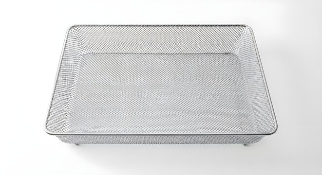 Empty rectangular silver metal mesh storage tray for desktop office supplies and organization isolated PNG with Transparent Background