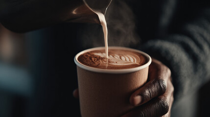 Barista hand pouring latte art into hot coffee cup, creamy texture, cozy mood