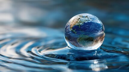 A clear droplet of water rests on a calm surface reflecting the entire Earth within it. The scene showcases the planets vibrant colors while waves ripple gently around.