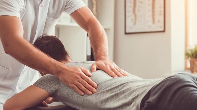 A therapist gives a back massage to a person lying face down on a treatment table.
