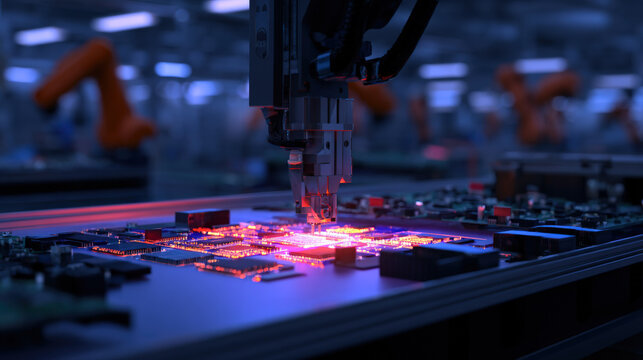 Robotic arm circuit board electronic assembly factory technology automation manufacturing - Powered by Adobe