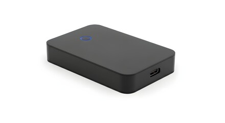 Small black external hard drive storage device for data transfer and technology concepts. isolated PNG with Transparent Background