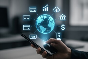 Digital payment technology interface with smartphone and financial icons surrounding globe