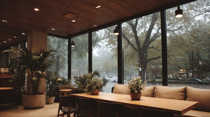 Cozy autumn coffee shop with natural light, wooden table, indoor plant, rainy day