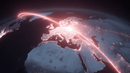 Cyberwarfare visualization with glowing world, digital map, Europe, data flow, night, technology