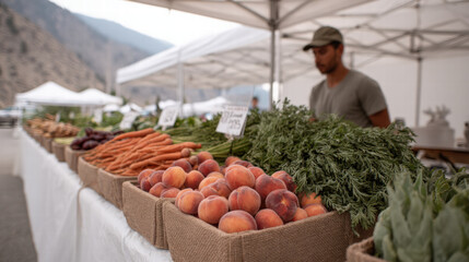 Fresh peach, carrot, green vegetable, outdoor market, mountain, vendor, natural light