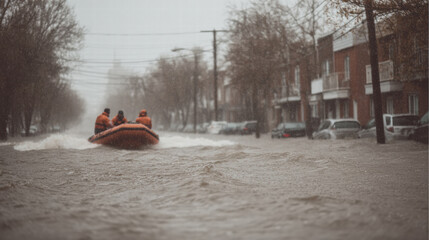Flooded street rescue boat emergency urban water people rainy disaster