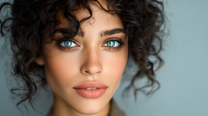 Naklejka premium A young woman with curly hair and captivating blue eyes smiles softly. She stands in front of a light gray background showcasing her natural beauty and glowing skin.