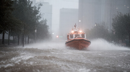 Flooded urban street with rescue boat, emergency response, heavy rain, cityscape, dramatic