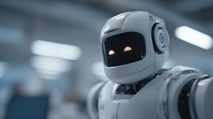 Futuristic robot assistant with glowing eyes in modern office, friendly and helpful expression