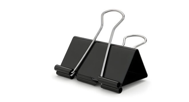 Black binder clip with silver metal handles, professional office stationery for document organization, classic steel paper clamp for business supplies isolated PNG with Transparent Background