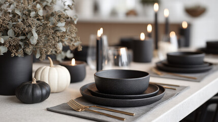 Minimalist black and gold Halloween dinner set with candles, pumpkins, and elegant tableware