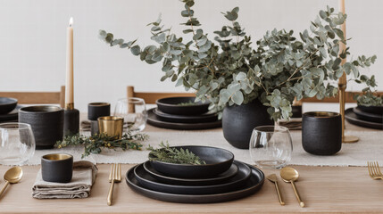 Minimalist black and gold dinner set with eucalyptus centerpiece on wooden table, elegant mood