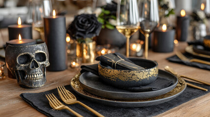 Minimalist black and gold Halloween dinner set with candles, skull, and elegant tableware
