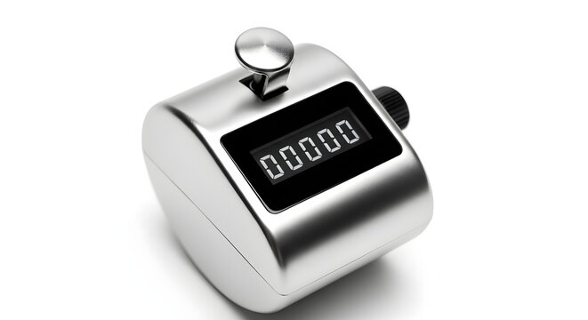 Metallic hand tally counter with digital display, chrome manual clicker for counting people and inventory, silver mechanical tracking device isolated PNG with Transparent Background