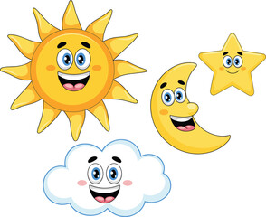 Cartoon sun, moon, star, and cloud with smiling faces, cute celestial and weather characters for kids, flat vector illustration