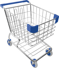 Empty metal shopping cart with blue handle isolated on white background, retail store trolley, supermarket basket, consumer shopping concept illustration