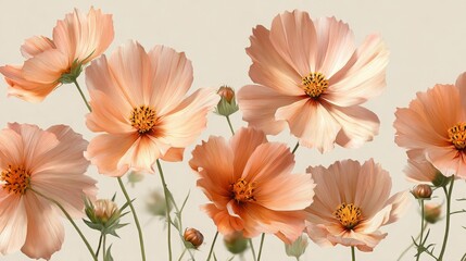 Delicate peach cosmos flowers on pastel cream background