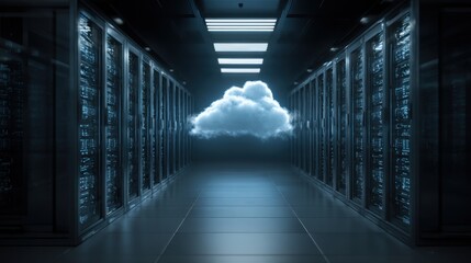 A cloud shape appears within a dark server room filled with high-tech storage units. Bright lights illuminate the space highlighting advanced technology in data management.