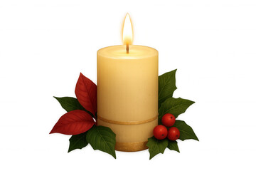 Christmas candle with burning flame, decorating with poinsettia leaves, holly berries, and glitter ribbon
