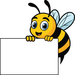 Cute cartoon bee holding blank sign, cheerful flying insect character, kids education mascot, editable banner space, flat vector illustration
