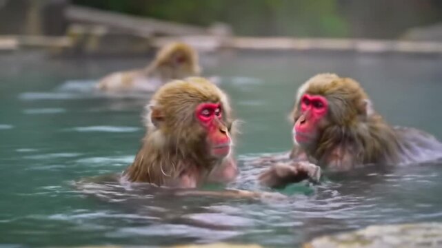 Japanese Snow Monkeys Relaxing in a Natural Hot Spring Onsen.