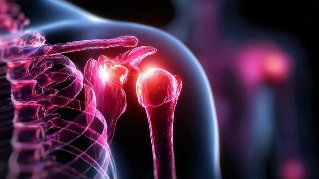 An anatomical illustration of the shoulder joint, showing the humeral head fitting into the glenoid cavity with surrounding bones.