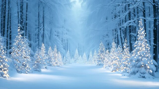 Ethereal forest pathway illuminated by soft Christmas lights, revealing snow-draped pine trees against misty blue backdrop. Sparkling winter scenery with delicate branch silhouettes.