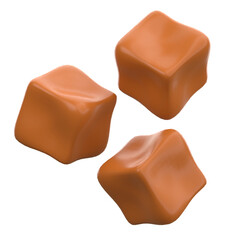 Three Glossy Caramel Candies Isolated on Transparent Background with Warm Brown Tones and Reflected Light