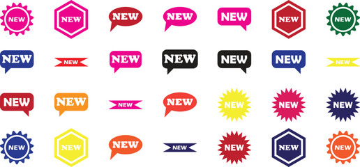 Colorful vector set of modern 'NEW' labels and badges for promotion.