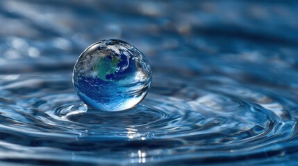 A crystal-clear globe is placed on the surface of water creating ripples as it reflects the colorful details of Earth. Sunlight enhances the vibrant scene evoking a sense of peace.