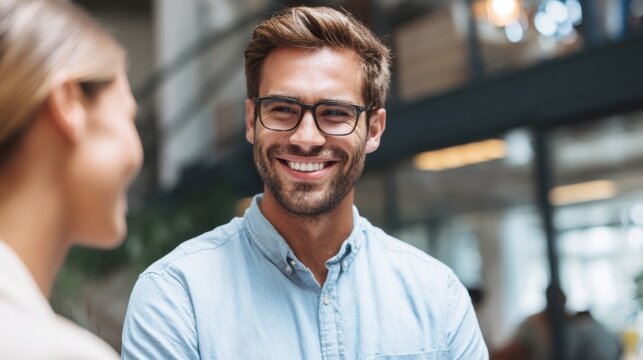 A man with glasses smiles warmly as he talks with a woman in a bright modern office. The atmosphere is friendly and casual showcasing their connection.