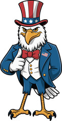 Patriotic bald eagle in American costume, thumbs up gesture, flat vector illustration, USA symbol, red white blue, cartoon character