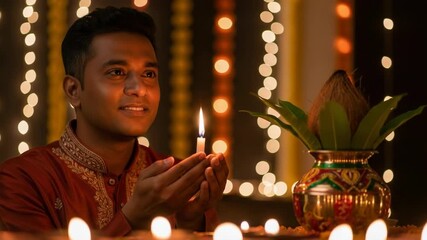 Portrait of man holding candle for Diwali festival. Diwali festival setup includes ritual, lights, and gifts on table. Celebrating Diwali festival at home for religious and family traditions. - Powered by Adobe