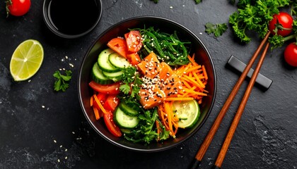 Healthy salmon bowl with fresh vegetables