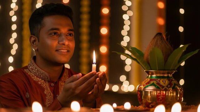 Portrait of man holding candle for Diwali festival. Diwali festival setup includes ritual, lights, and gifts on table. Celebrating Diwali festival at home for religious and family traditions.