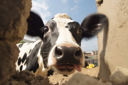 Minimalist close up view from inside a farm of a cow happily eating silage on a bright day