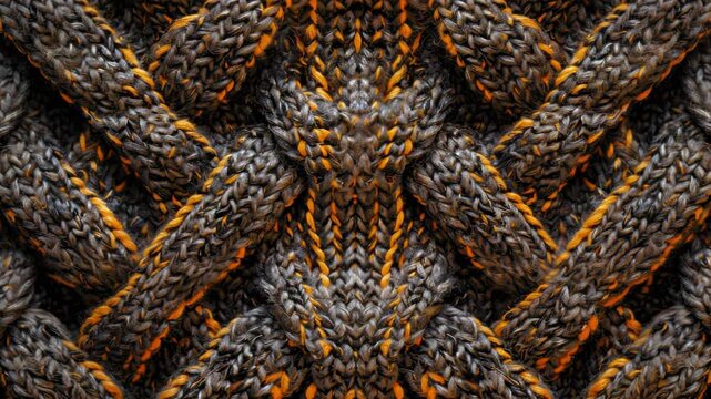 A close-up view of a vibrant rope with orange and black colors, showcasing its intricate weave pattern and texture.