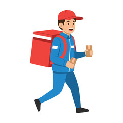 Happy delivery man with insulated backpack and package, fast courier service concept