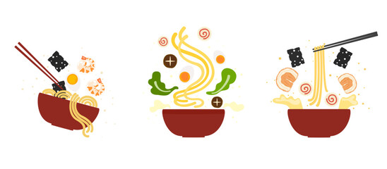 Flat vector illustration of a bowl of ramen with noodles, shrimp, egg, seaweed, and various toppings. Suitable for Asian food design, Japanese cuisine, restaurant menu, branding, or food project.
