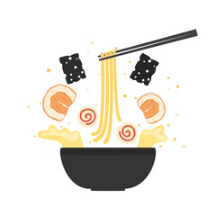 Flat vector illustration of a bowl of ramen with egg, pork, seaweed, and vegetables splashing out of the bowl. Suitable for Japanese food design, restaurant menu, Asian food, or food graphics.