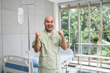 Confident patient stands beside hospital bed, posing in various poses, smiling warmly in gown, showing strength and positivity during recovery in bright and peaceful ward.