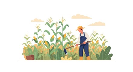 Farmer working in a cornfield with a hoe vector illustration.