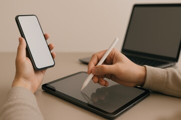 Hands Holding Smartphone and Stylus with Tablet on Desk Surrounded by Laptop and Minimalist Setting