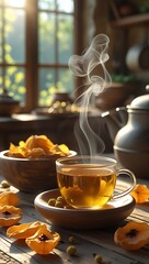Hot black tea in a white cup and teapot on a wooden table for breakfast