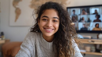 A smiling young woman with curly hair sits at home participating in a video call. Her warm smile reflects joy as she connects with friends on the screen in a cozy setting.