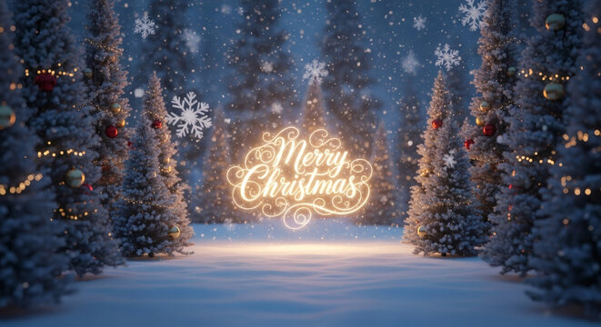 Enchanted Snowy Forest Night Scene with Glowing Script Merry Christmas and Bokeh Lights