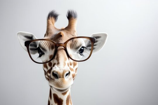 Close up of a stylish giraffe in glasses against a clean background with space for text or graphics