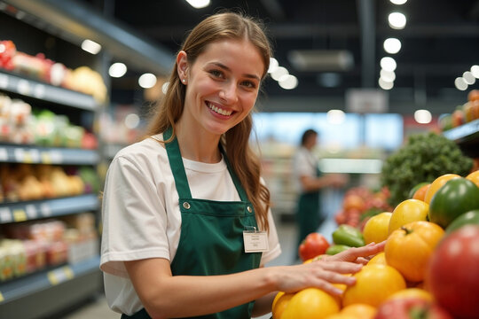 Happy Supermarket Worker Standing by Fresh Fruits and Vegetables - Powered by Adobe