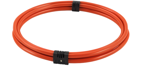 Two Parallel Orange Cables Neatly Coiled In An Elliptical Shape Secured By Two Black Plastic Clips On A Transparent Background